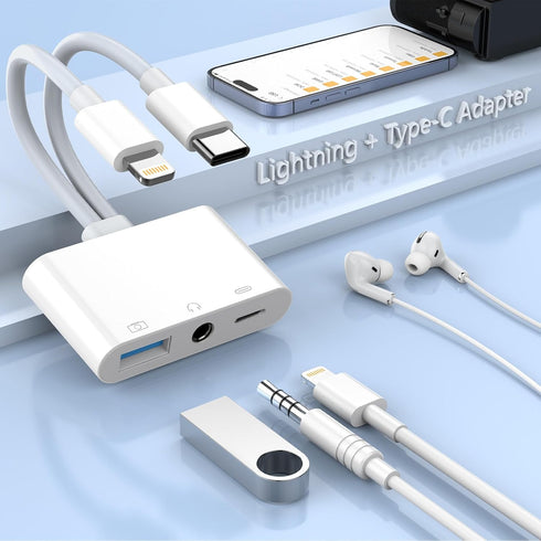 Multi Lightning + USB C to USB Adapter,3 in 1 USB OTG Adapter+3.5mm Audio Headphone Jack Adapter+Fast Charging Port, Phone Splitter Compatible wit...
