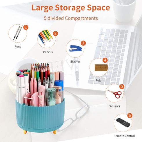 Desk Pencil Pen Holder, 5 Slots 360°Degree Rotating Pencil Pen Organizers for Desk, Desktop Storage Stationery Supplies Organizer, Cute Pencil Cup...