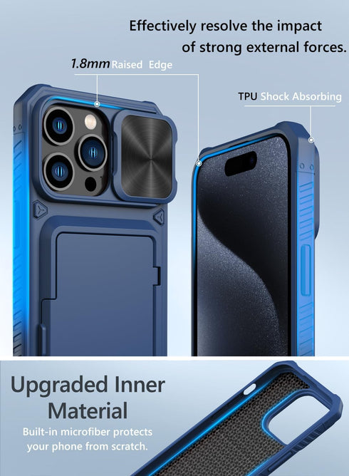 Vihibii for iPhone 15 Pro Max Wallet Case with Card Holder (4 Cards) & Slide Lens Protective Cover & Kickstand & Raised Edges Protect Screen, Shoc...