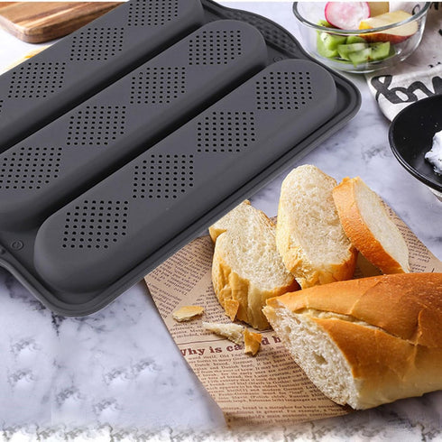 Baguette Pans for Baking / 3 Loaf, Silicone Loaf Roll Pan Cake Mold Tray, Non-Stick Baking Hot Dog Sandwich Mold, Grey, 34.5 CM...