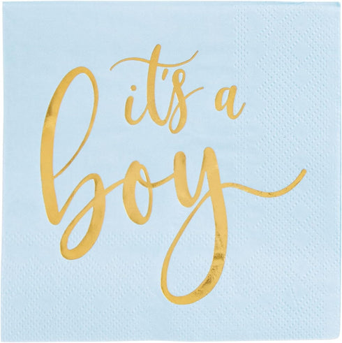 Sparkle and Bash 50 Pack It's a Boy Baby Shower Napkins - 5 x 5 in Blue & Gold Foil - 3-Ply Cocktail Table Napkins for Baby Boy Shower Decorations...