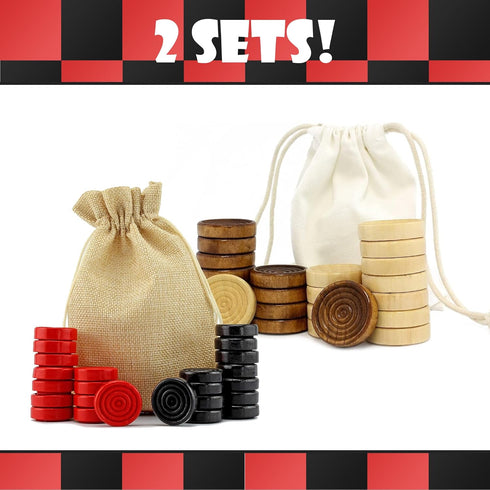 Black & Red Carved Stackable Wooden Checkers (24 Pieces); with Drawstring Cloth Storage Bag...