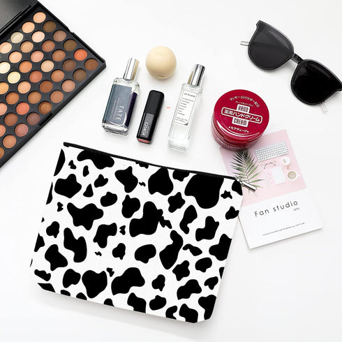 2Pcs Makeup Bag,Travel Makeup Bag,Makeup Bags for Women,Makeup Brush Bag,Large Capacity Cosmetic Bag,Waterproof and Durable-Black White Cow Wester...