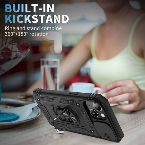 Case for iPhone 13, Camera Cover Phone Case with Rotation Ring Stand for Apple iPhone 13 - Black...