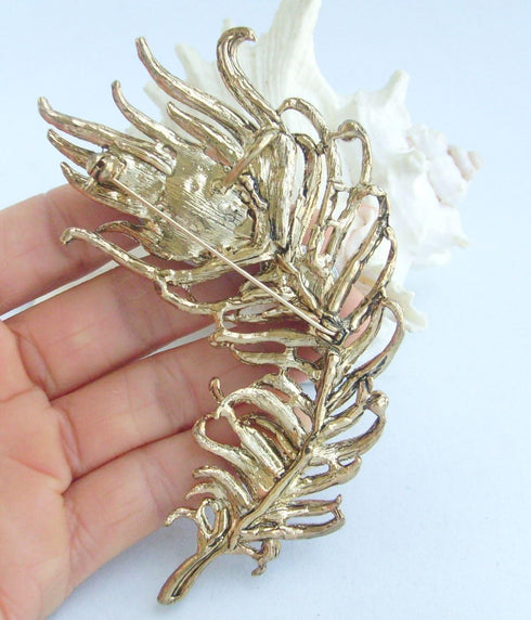 Zeepoffine 4.33" Rhinestone Crystal Peacock Feather Brooch Pin Pendant BZ5038 (Gold-Tone Purple)...