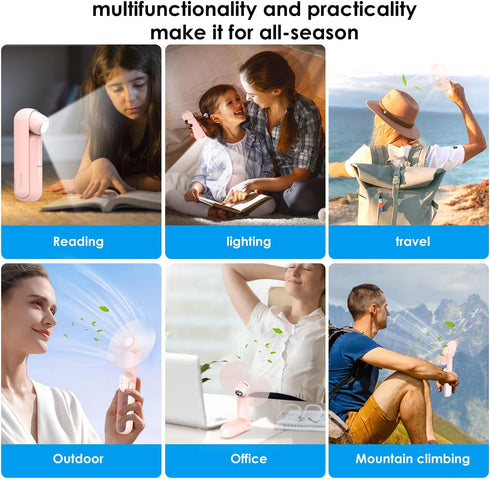 Portable Handheld Fan,4 IN 1 Personal Foldable Pocket Fan with Power Bank, Small Hand Fan with Flashlight,Mini Desk Fan with Table Lamp, Beach Tra...