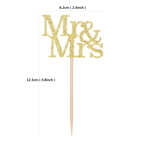 24 Pack of Mr & Mrs Cupcake Picks Gold Glitter Wedding Cucpake Toppers Bridal Baby Shower Party Supplies...
