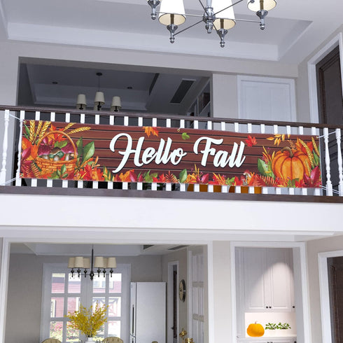 Probsin Happy Fall Banner 120"x 20" Decorations Outdoor Thanksgiving Decor Autumn Party Supplies Wooden Hello Fall Pumpkin Mushroom Harvest Welcom...