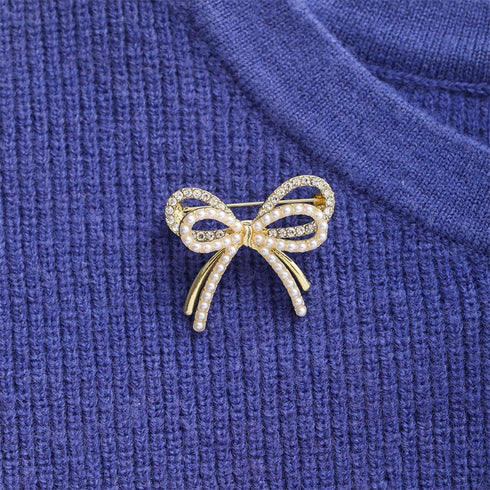 Bow Knot Brooch Rhinestones Pearl Bow Lapel Pin Alloy Pearl Brooch Satin Ribbon Bow Badge Women's Dress Shawl Sweater Decoration...