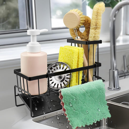 Sink Caddy Kitchen Sink Organizer, Rustproof Sponge Holder with Brush Holder and Dish Cloth Hange, Self-Draining Soap Dispenser Storage with Divid...