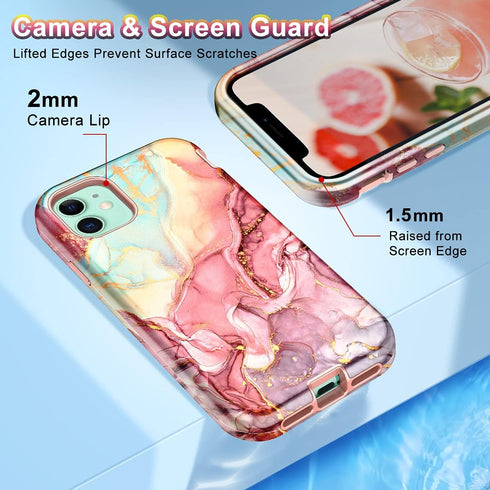 CASEFIV Compatible with iPhone 11 Case,Marble Pattern 3 in 1 Heavy Duty Shockproof Full Body Rugged Hard PC+Soft Silicone Drop Protective Women Gi...