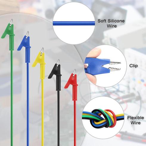 Sumnacon 5 Pcs Dual Ended Crocodile Alligator Clips, 15A Test Lead Wire Cable with Insulators Clips, 5 Colors 3.3 ft/1m Test Flexible Cable with P...