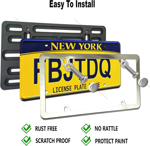Front License Plate Mounting Kit- Stainless Steel License Plate Frame and Universal Bracket for No Drilling Hole Front Bumper, Car Tag Cover Adapt...