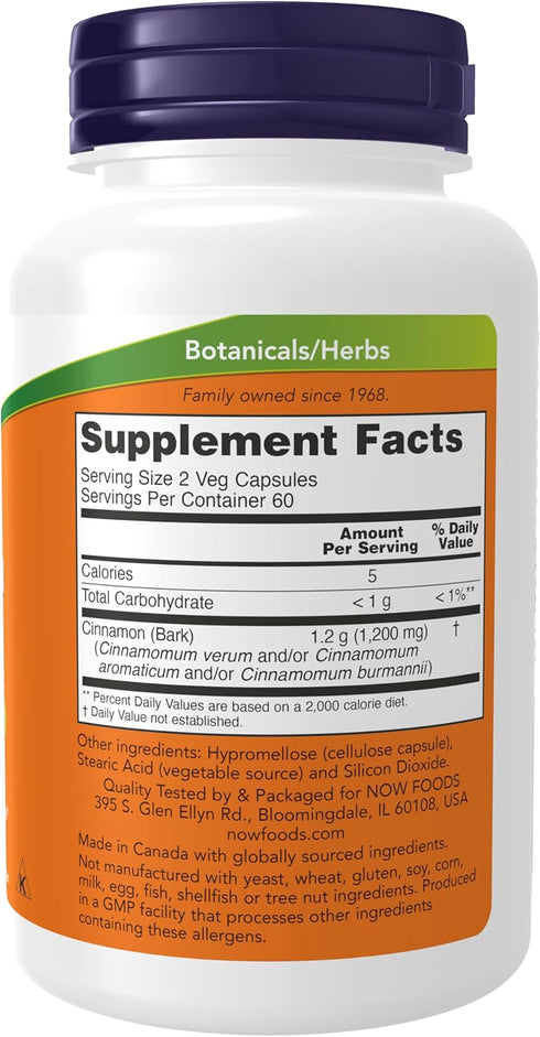 NOW Supplements, Cinnamon Bark 600 mg, Non-GMO Project Verified, Healthy Glucose Metabolism*, 120 Veg Capsules...