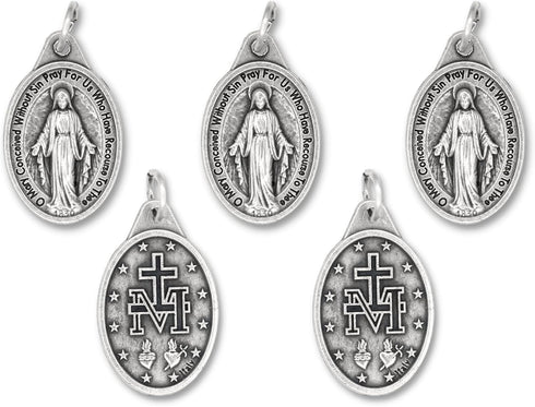 Bulk Pack of 5 - Miraculous Medal Pendant for Necklace -1" Oval Silver Oxidized Miraculous Medals Pendant for Necklace, Medals for Jewelry Catholi...
