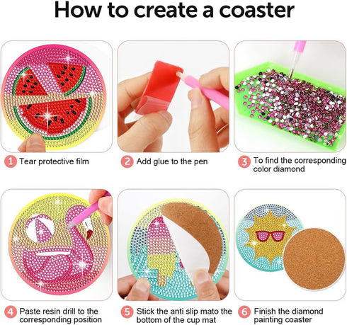 Leatrice 8 Pcs Holiday Diamond Painting Coasters with Holder Cork Base Metal Holder Round Stone Drink mat Gift for Christmas Housewarming Room Bar...