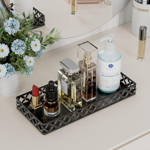 EKNITEY Vanity Tray for Bathroom Counter - Small Rectangle Decorative Tray 11 Inch Black Batroom Countertop Tray Organizer for Perfume Makeup Cosm...