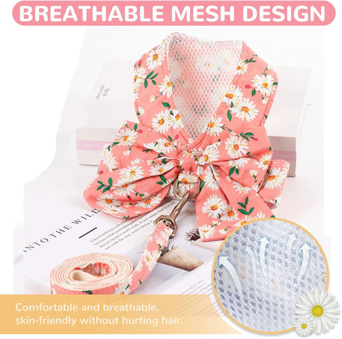 Dog Harness and Leash Set with Bow Knot No Pull Pet Daisy Floral Harness with D-Ring Soft Mesh Dog Harness Vest Set Escape Proof Princess Puppy Ha...