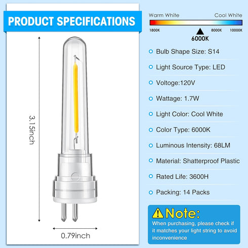 Meonum 14 Pack S14 Replacement Light Bulbs, 1.7 Watt Replacement S14 LED Bulb, Shatterproof Waterproof and Dimmable Replacement S14 Light Bulb for...