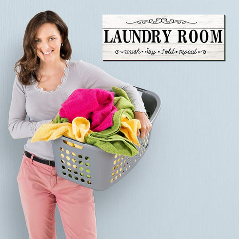 Laundry Room Decor Sign Wooden Rustic Farmhouse Family Laundry Room Wall Sign Wash Dry Fold Repeat Wall Decor Prints for Home, 16 x 6 Inches(White...