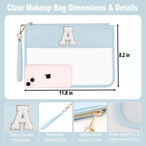 Clear Makeup Bag Set 2pcs Glitter Chenille Monogram Snacks Bag Travel Essentials Flat Zipper Pouch Cosmetic Brush Bag for Women (Blue Set-A)...