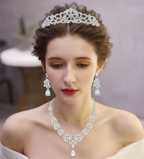 Kakonia Wedding Jewelry For Bride Bridesmaids Rhinestone Necklace Earrings Sets For Women Bridal Wedding Tiara Crown Silver Crystal Costume Prom J...