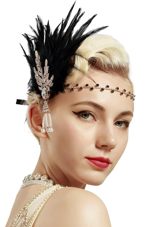 BABEYOND Art Deco 1920's Flapper Great Gatsby Inspired Leaf Medallion Pearl Headband Black Feather...