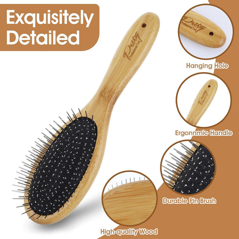 Dog Pin Brush, Airbag Grooming Wooden Comb Pet 20mm Stainless Steel Round Pin Slicker Brush with Bamboo Handle for Removing Shedding Tangles Dead ...