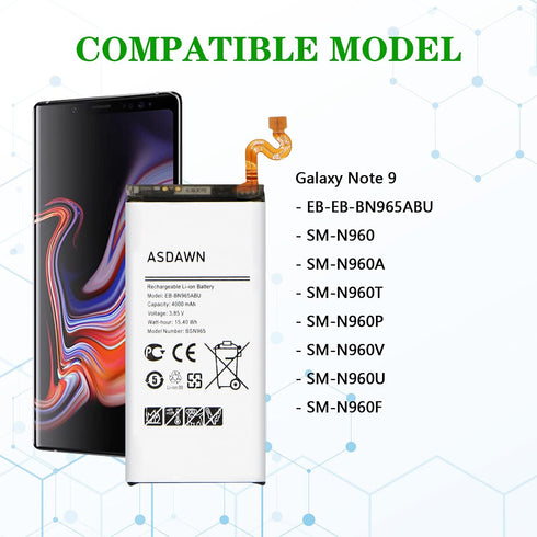 Galaxy Note 9 Battery Replacement, EB-BN965ABU Battery for samsung Galaxy Note 9 SM-N960 N960U/U1/A/T/P/V/R4/W/F with Repair Tool Kit+Back Cover A...