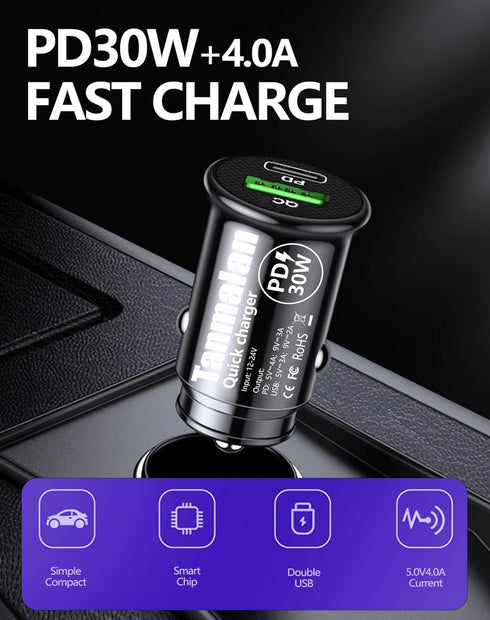 Fast Charging-Mini Design-Tanmalan Quick Car Charger,PD + QC,Mini Design Black,5V 4A,......