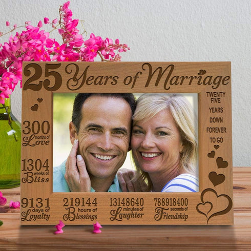KATE POSH 25 Years of Marriage Engraved Natural Wood Frame, 25th Anniversary, Husband & Wife, 25 Years Down Forever to Go, Silver Wedding Annivers...