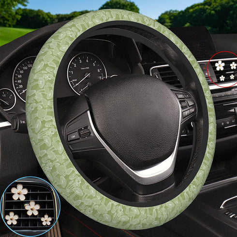 Cute Steering Wheel Cover for Women Girls, Mushrooms Olive Green Steering Wheel Cover with 4 Pieces Cute Flowers Car Air Vent Clips, Car Decoratio...