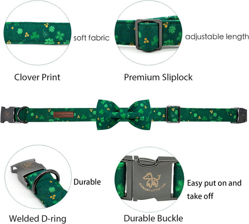 Elegant little tail St. Patrick's Day Dog Collar, Dog Collar with Bow, Green Clover Dog Collar Pet Gift Dog Bowtie Adjustable Dog Collar for Large...