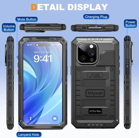 Mitywah Waterproof Case for iPhone 15 Pro Max, Heavy Duty Shockproof Case with Built-in Screen Protector, Full Body Underwater Protective Metal Ca...