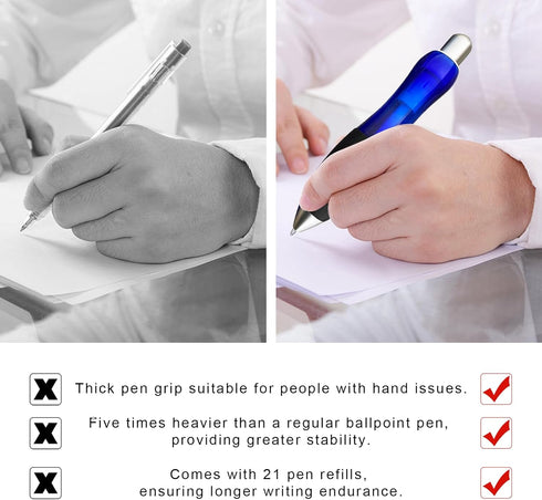 Big Fat Pens Aids Writing For Tremor, Arthritis, Parkinson, Handicap, Carpal Tunnel Large Wide Grip Pens Blue 24 Pack (3 Pens + 12Black Refills + ...