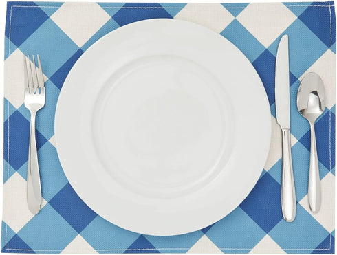 Set of 6 Blue and White Plaid Cloth Placemats, 16.5 x 12.6 Inches Burlap and Polyester Washable Table Mats with Buffalo Design, Farmhouse-Style Di...
