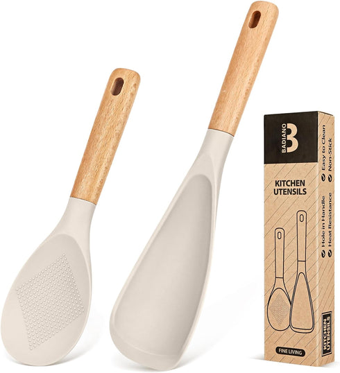 Cooking Spoon and Rice Scooper for Nonstick Cookwares, Great for Cooking and Serving Durable BPA-Free Matte Silicone, Wood Handle Spoon for Mixing...