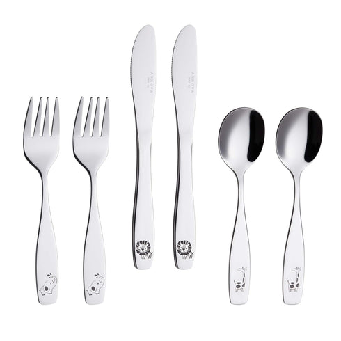 ANNOVA Kids Silverware 6 Pieces Children's Safe Flatware Set Stainless Steel - 2 x Safe Fork, 2 x Dinner Knife, 2 x Dinner Spoon, Toddler Utensils...