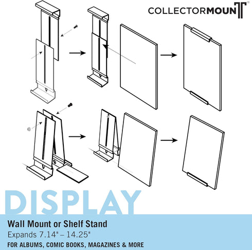 CollectorMount Album Mount 1 Pack Wall Mount Album Frame Brackets or Shelf Stand, Adjustable, Clear to display Vinyl Records...