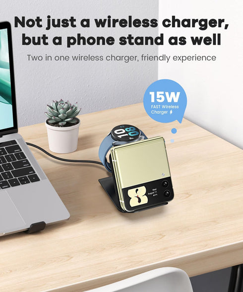 Fast Wireless Charger for Samsung - 2 in 1 Foldable Travel Charging Station, Compatible with Samsung Galaxy Z Flip 6/5/4 Series and Motorola Razr+...