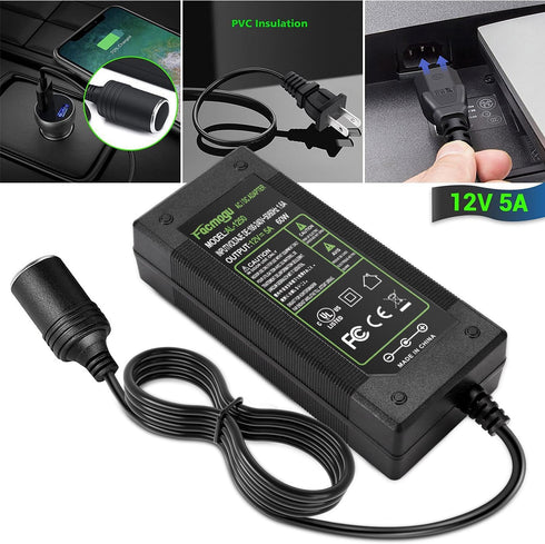 Facmogu 60W 12V 5A AC to DC Car Converter, AC 100-240V to DC 12V Car Cigarette Lighter Socket Power Supply Adapter, Power Converter for Car Fan Ca...