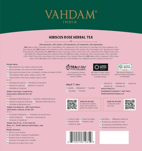 VAHDAM, Hibiscus Rose Tea Bags - 100% Whole Hibiscus Flowers Herbal Tea Bags (100 Count) With Rose, Chamomile & Exotic Spices | Caffeine Free, Flo...