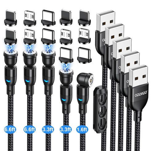 Magnetic Charging Cable 5-Pack (1.6/3.3/3.3/6.6/6.6FT), 540° Rotating Magnetic Phone Charger Cable with LED Light for Micro USB, USB C and i-Produ...