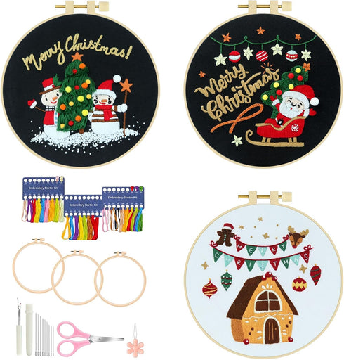 KAHEAUM Embroidery Kit for Beginners Adults Christmas Cross Stitch Kits for Kids Starter Gift, 3 Set Stamped Hand Craft Embroidery Patterns with F...