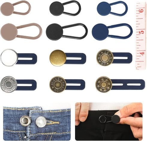 12PCS Button Extenders for Jeans, Pants Button Extender with a Tape Measure, Waist Extenders for Pants for Women Men, No Sewing Waistband Extensio...