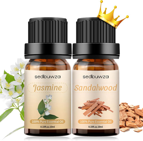 Sedbuwza Sandalwood Oil Jasmine Essential Oil Gift Set, 100% Pure Organic Aromatherapy Oil Set for Diffuser, Massage, Soap, Candle Making - 2 x 10...