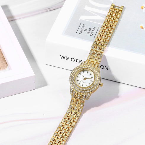 JewelryWe Women Watches Gold-Tone Iced Out Wristwatch Rhinestone Round Analaog Quartz Watch Bling Dress Watch, for Halloween...