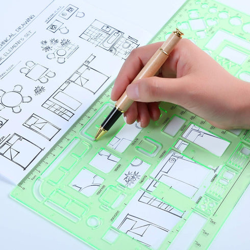 11 Piece Geometric Drawing Template Measuring Ruler, Transparent Green Plastic Ruler with Portable Plastic Bag for, for Studying, Designing and Bu...