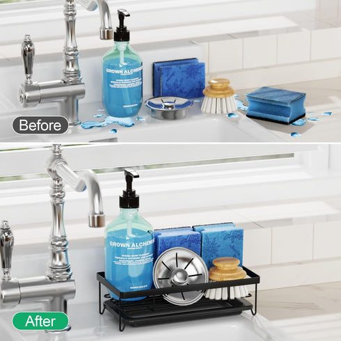 GSlife Sponge Holder Sink Caddy - Large Kitchen Sink Organizer for Brush and Soap, Dish Dispenser Sponge Caddy with Removable Drain Tray, Black...