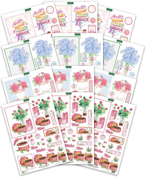 Katy Sue Designs Birthday Cake & Flowers 3D Die-Cut Decoupage Sheets for Card Making. A Pack of 12 Sheets of Birthday & Floral-Themed Die Cuts for...